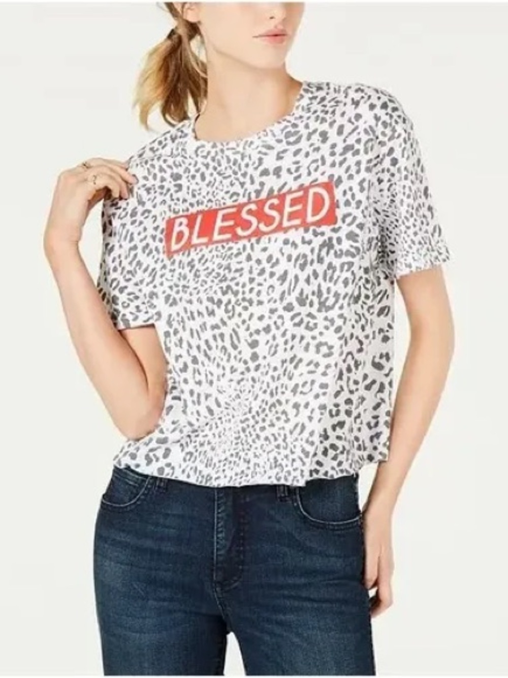 Rebellious One Blessed Leopard-Print Short Sleeve Tee - White/Gray s NWOT